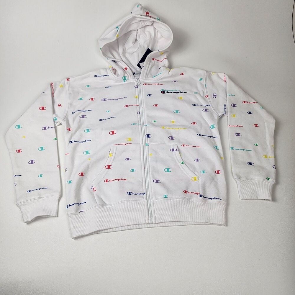 Champion Girls Zip Up Hoodie White Colorful Script Fleece Large NWT